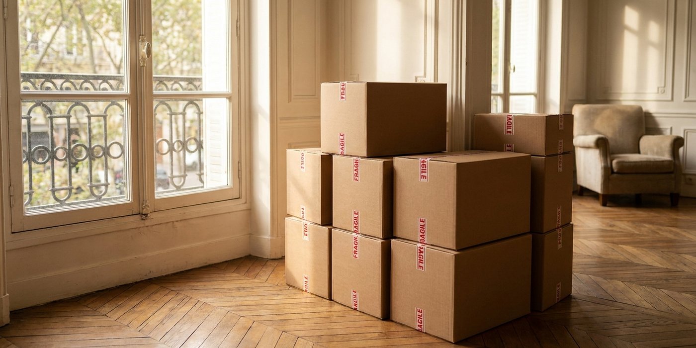 Cartons scellés empilés dans un appartement vidé, prêts au chargement.