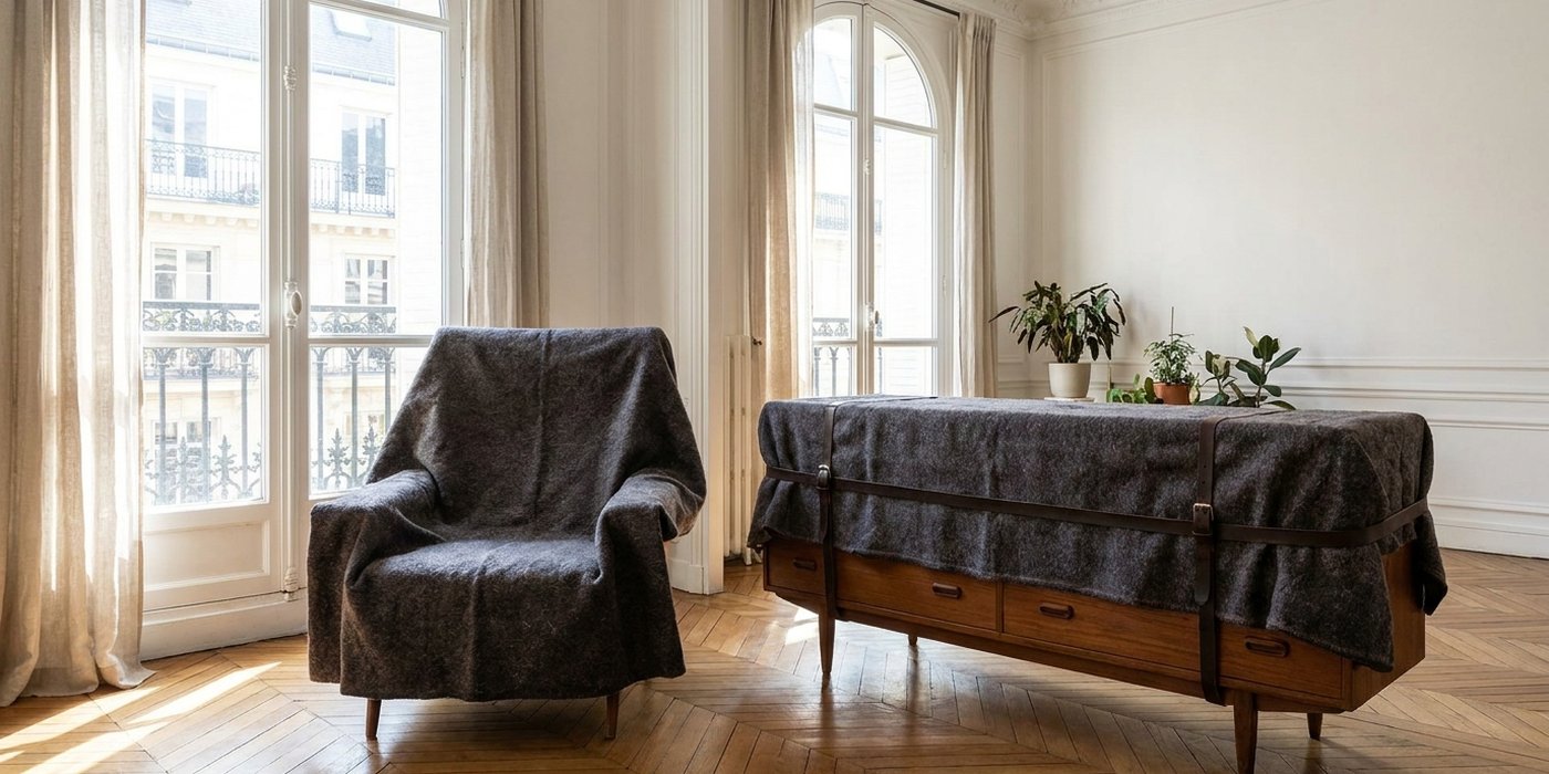 Meuble protégé sous couverture de déménagement et film, sanglé avant transport.