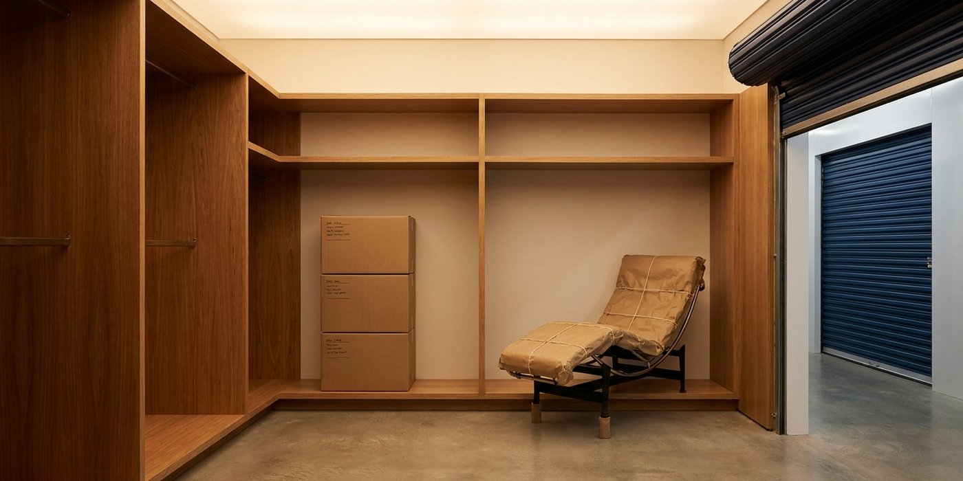 Box de garde-meuble propre et éclairé, mobilier rangé et housse de protection.