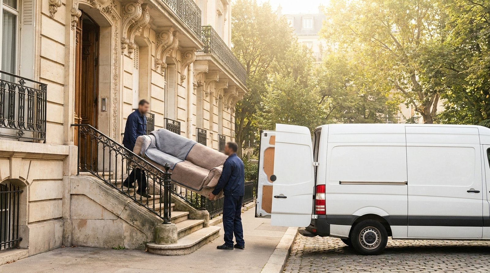 Équipe de déménageurs chargeant un camion devant un immeuble haussmannien.
