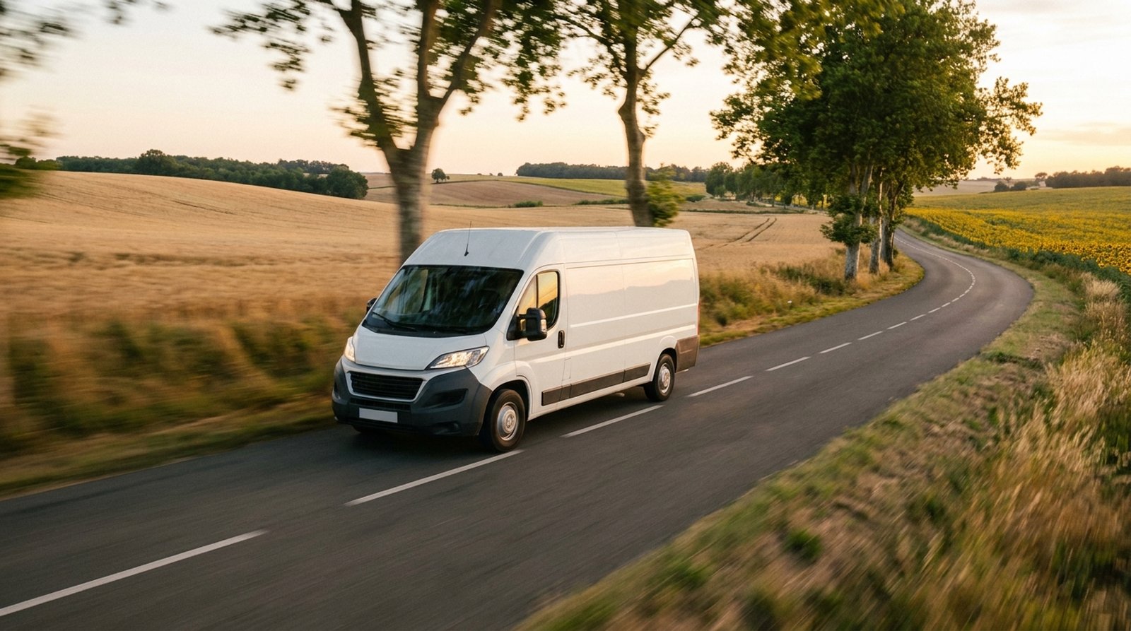 Camion de déménagement blanc sur une route de campagne au lever du jour.